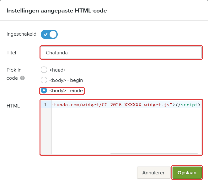 Het ingevulde venster met de titel, body einde, de code en de knop Opslaan