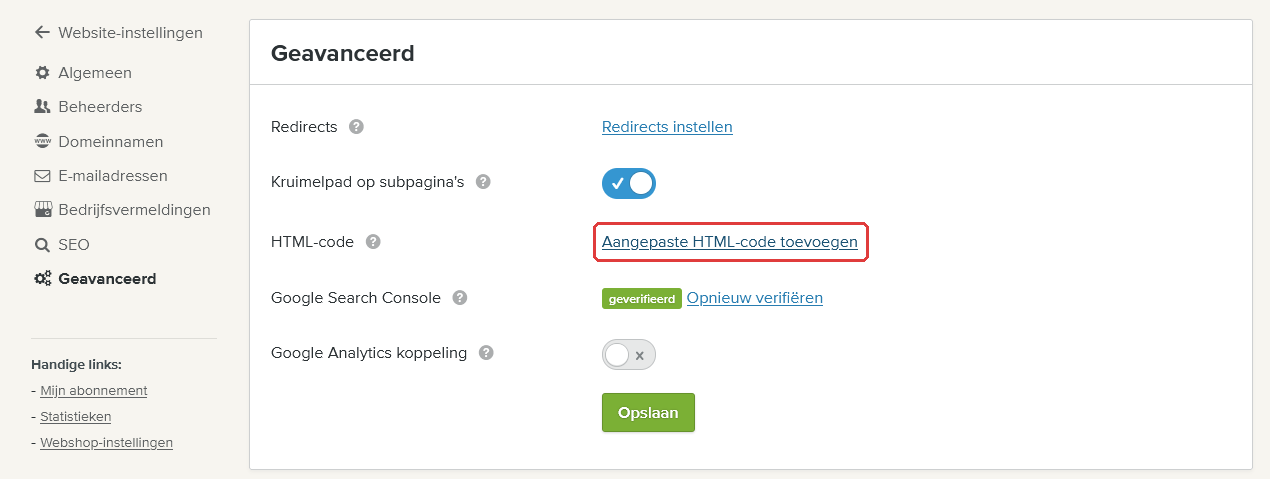 De pagina Geavanceerd met Aangepaste HTML-code toevoegen