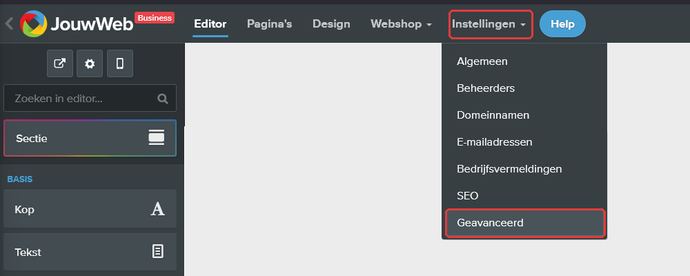 Het menu Instellingen met Geavanceerd
