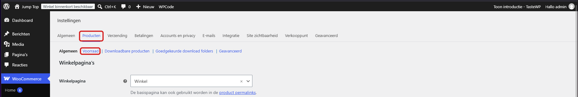 Het tabblad Producten met het linkje Voorraad