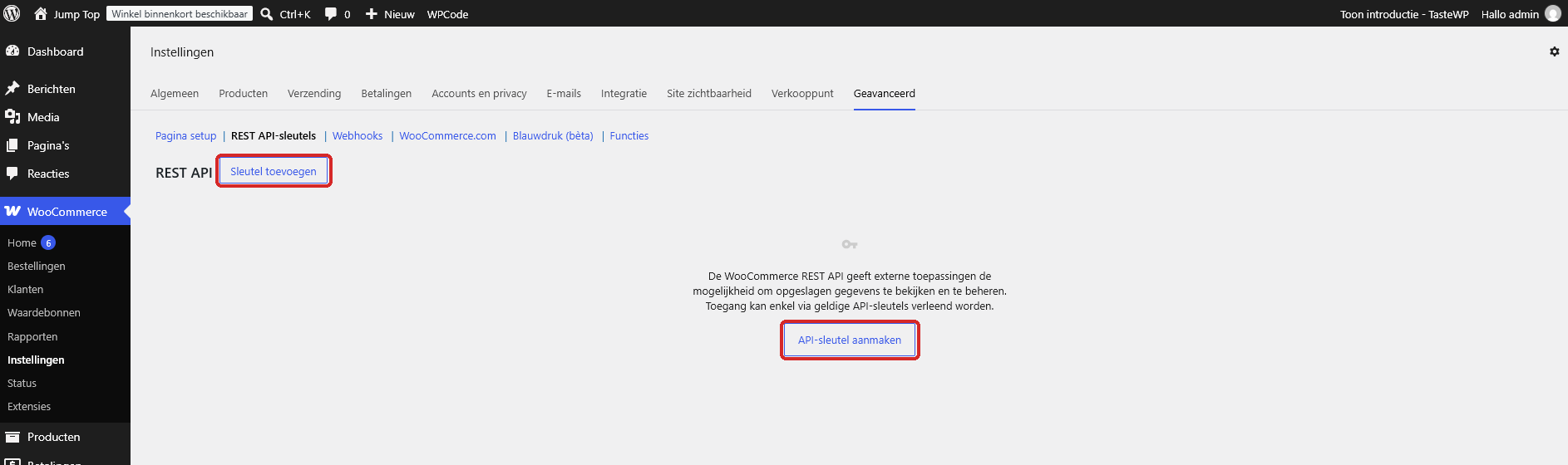 De knoppen Sleutel toevoegen en API-sleutel aanmaken