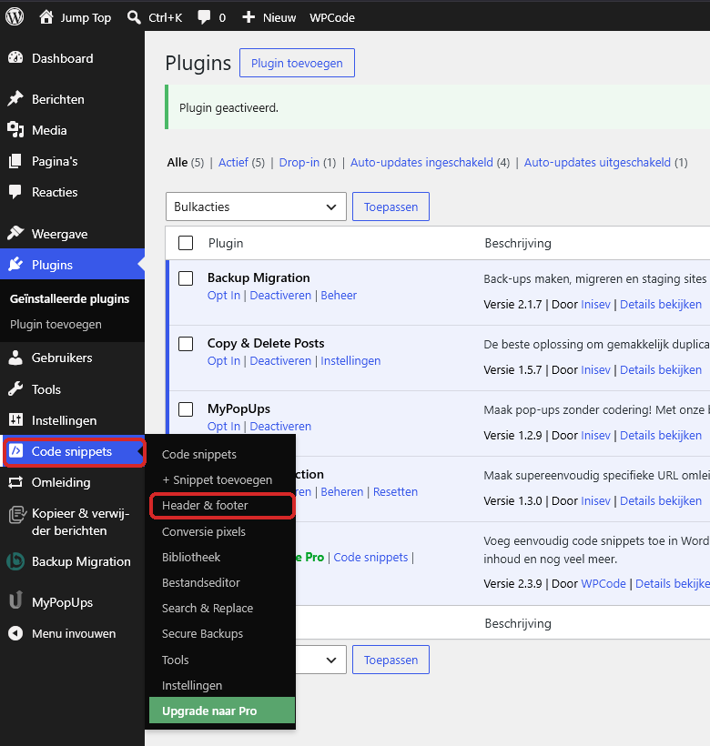 Het menu Code snippets met Header & footer