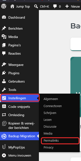 Het menu Instellingen met Permalinks