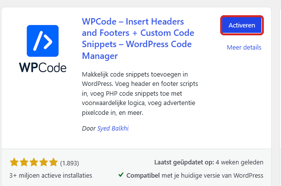 De knop Activeren bij WPCode